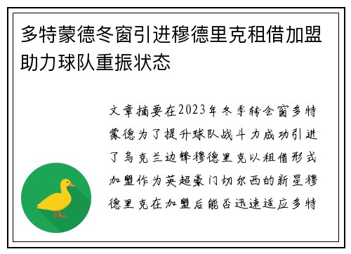 多特蒙德冬窗引进穆德里克租借加盟助力球队重振状态